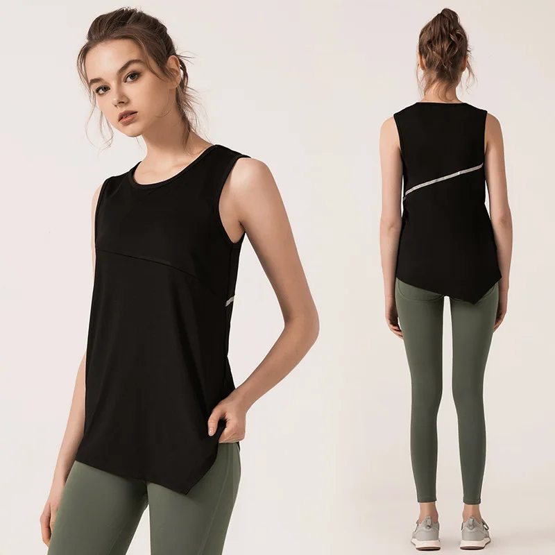 

XREOUGA 2019 Solid Breathable Sports Yoga Shirts Women Solid Sleeveless Fitness Round Neck Mujer Irregular Drying Gym Yoga Top