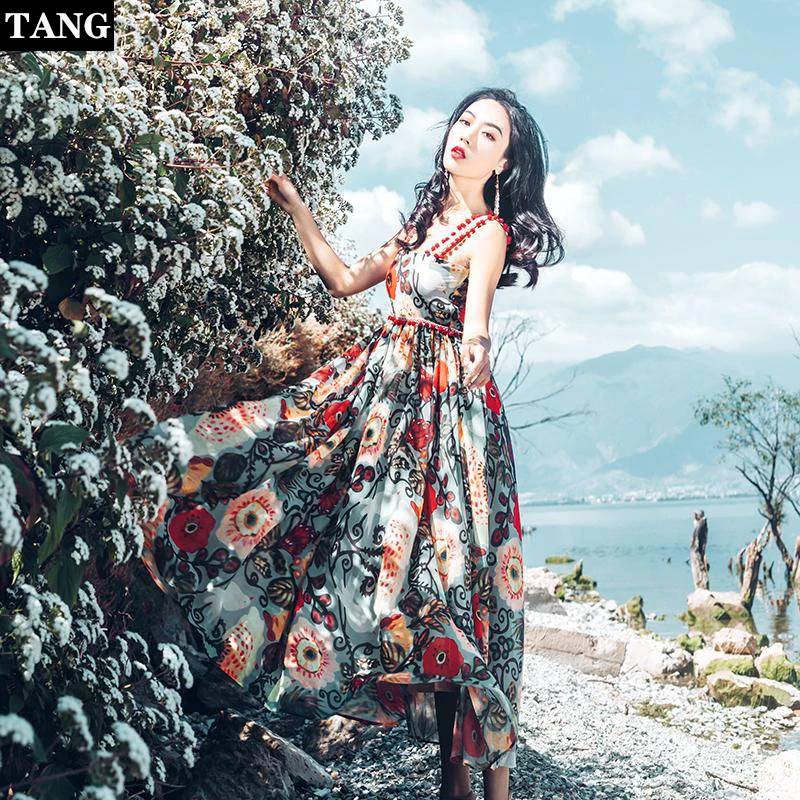 

Tang women summer dress 2019 sling Floral maxi dresses boho summer vacation lace beach dress
