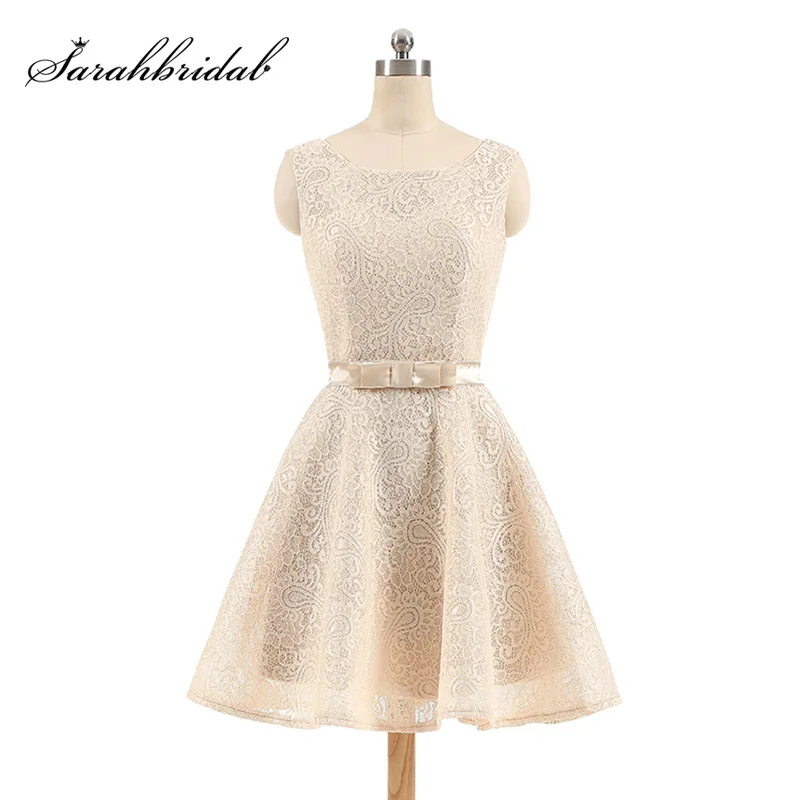 

2018 New Arrival Lace A Line Prom Dresses with Bow Sashes Cheap Sleeveless Zipper Back Short Party Cocktail Gowns for Girl OS428