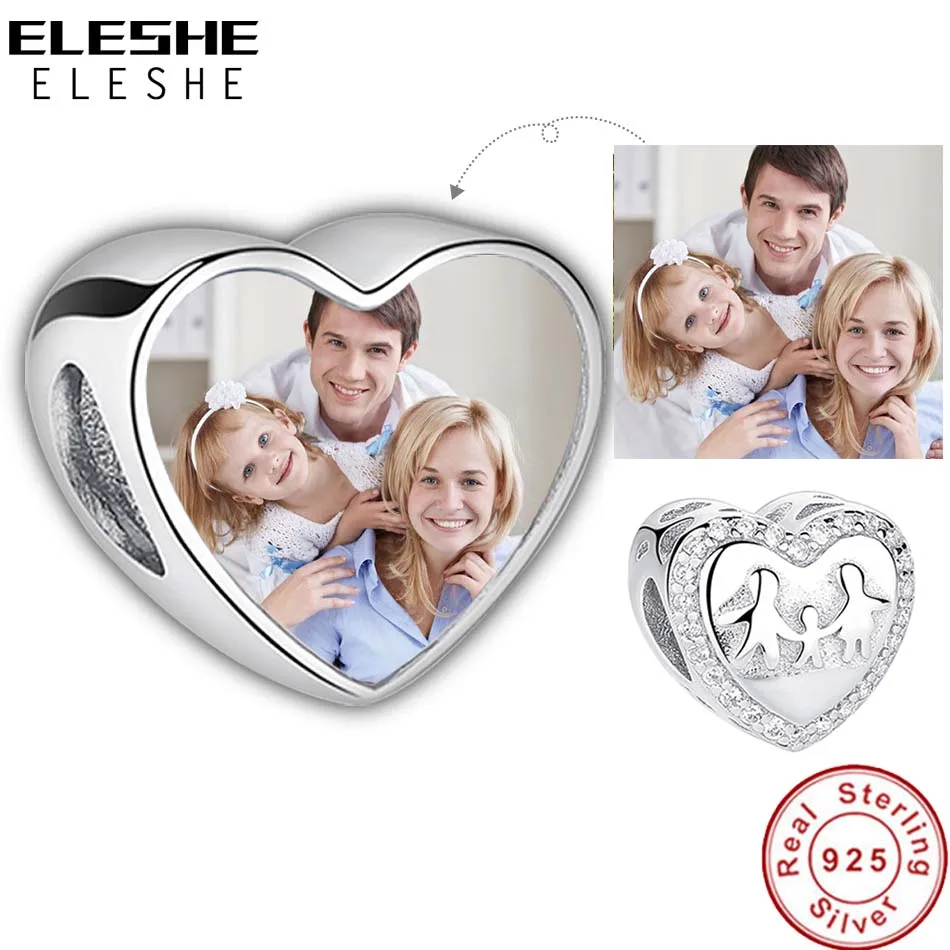 

ELESHE Love is Family 925 Sterling Silver Custom Photo Heart Charms Beads Fit Original Charms Bracelets Silver CZ Beads Jewelry