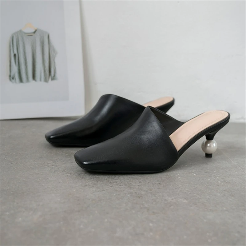 Ouqinvshen Square Toe Women Slippers Summer Yellow Fashion Outdoor Rubber Mules High Heels Genuine Leather Shoes Woman 2019 Ouqinvshen Square Toe Women Slippers Summer Yellow Fashion Outdoor Rubber Mules High Heels Genuine Leather Shoes Woman 2019