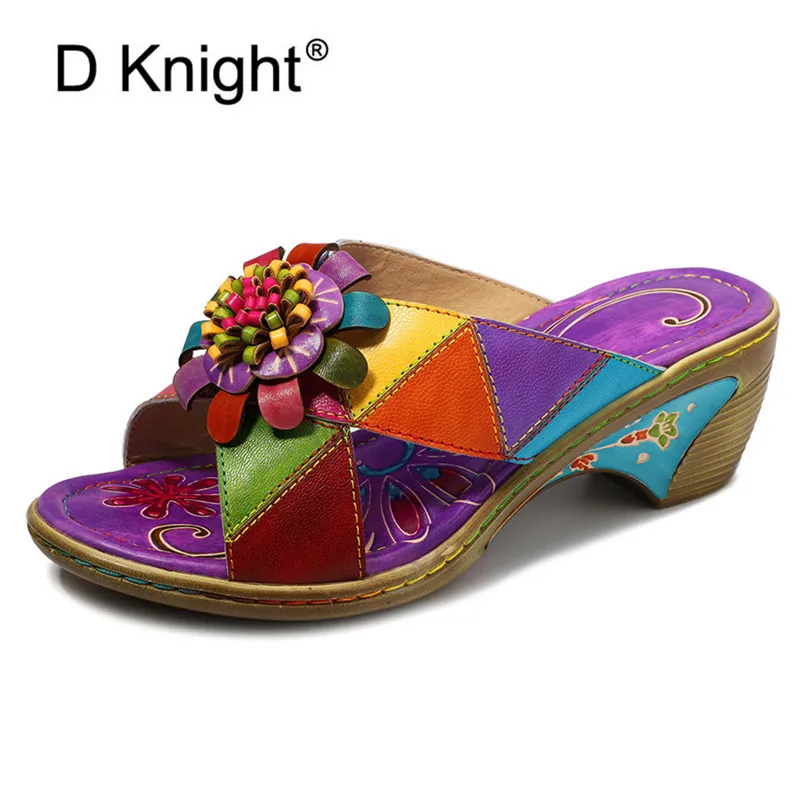 

Bohemia Sandals High Heel Handmade Genuine Leather Shows Woman Slippers Flower Slip On Sandals Woman Elegant Colors Lady Slides
