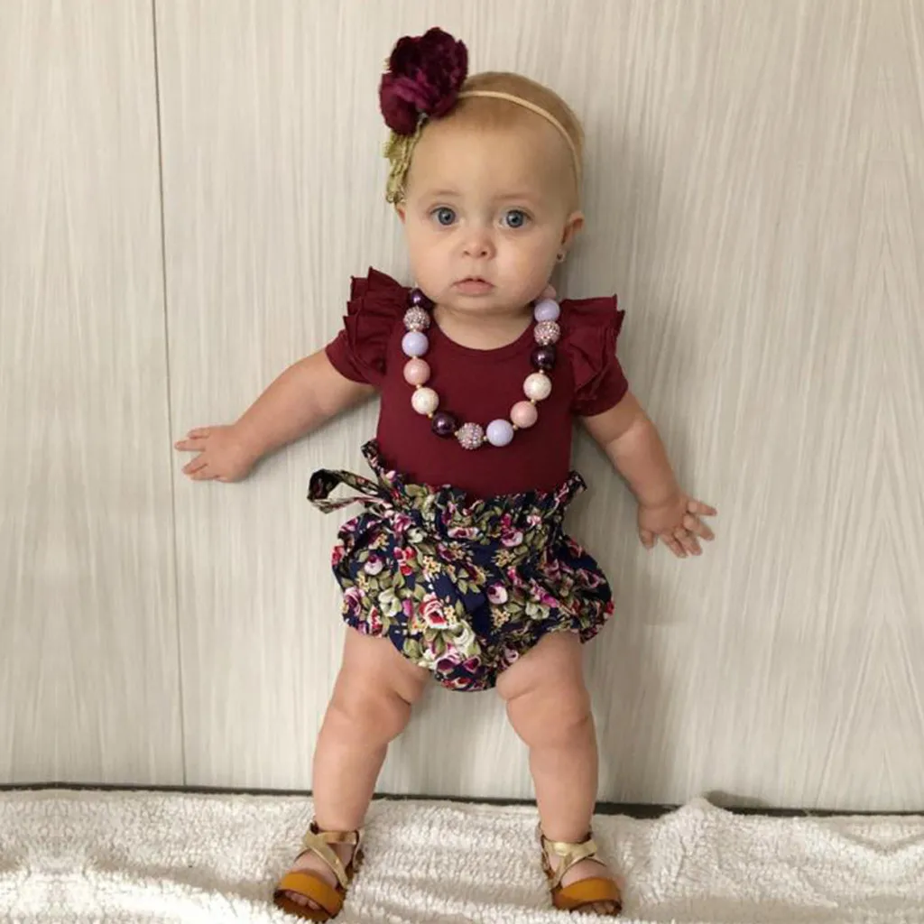 

Summer New Fashion Newborn Infant Baby Girls Ruffled Romper Floral Print PP Shorts Outfits Wholesale Free Ship Z4