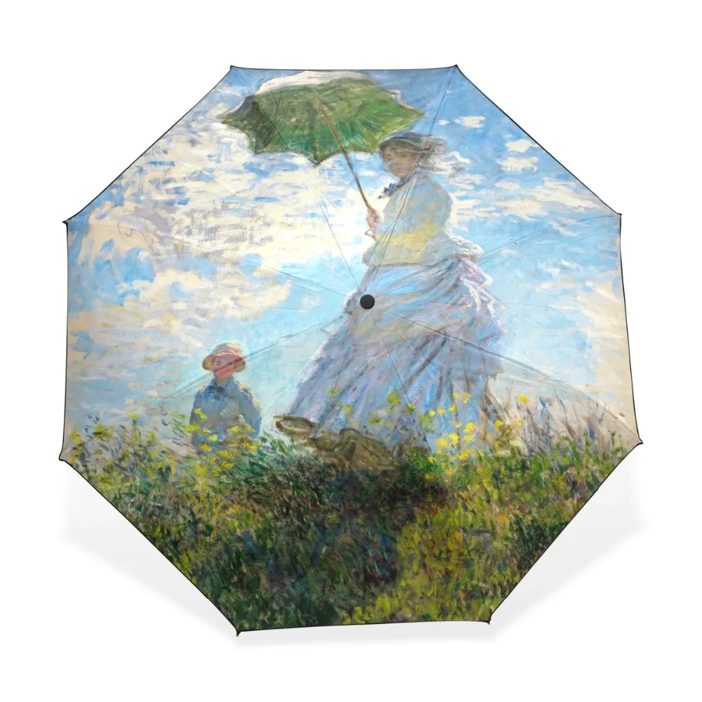 High Quality Claude Monet Famous Oil Painting Umbrella Woman 3 Folding Parasol Fashion Lady Portable Girl Friend Gift For Wife