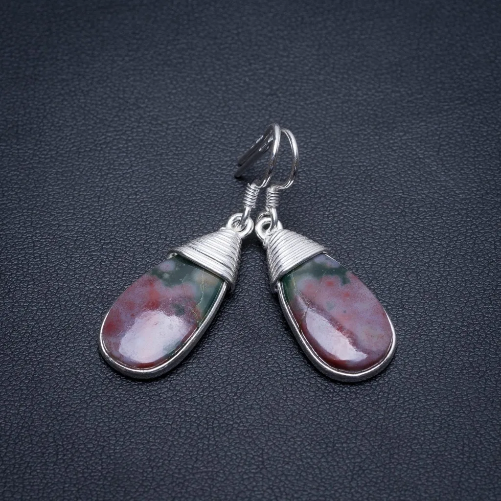 

Natural Blood Stone Handmade Indian 925 Sterling Silver Earrings 1 1/2" S1632