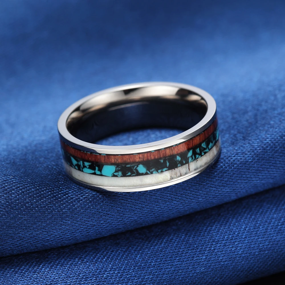 8mm Vintage Wood Antlers Inlay Titanium Ring Engagement Rings For Women Men Wedding Band Fashion Love Ring Jewelry anillos mujer
