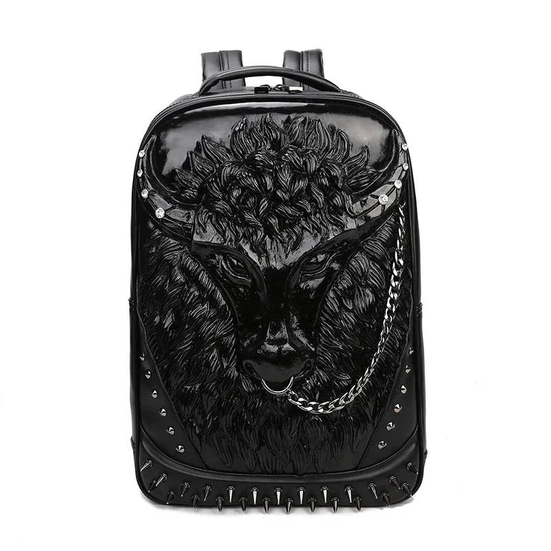 Таурен, модный мужской рюкзак с заклепками, тисненая 3D сумка на плечо, рюкзак с животными, модные крутые кожаные сумки на Хэллоуин - Цвет: Black
