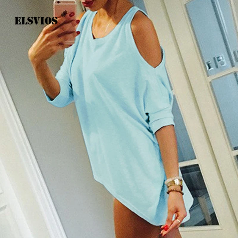 

ELSVIOS New Women Round Neck Off Shoulder T-shirt Kawaii Solid Loose Irregular Tee Top Summer Half Sleeve Casual Shirt Plus Size