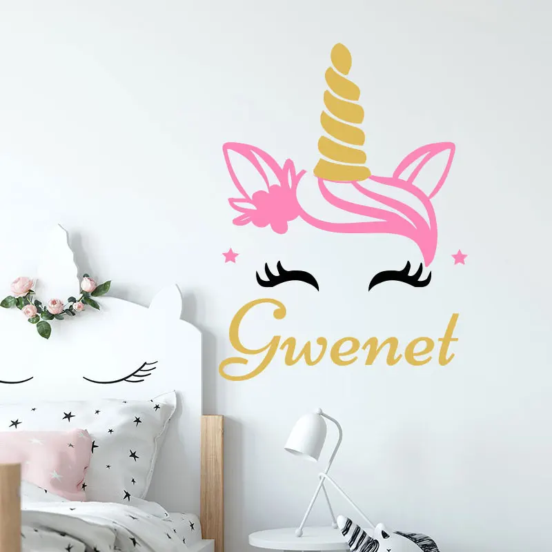 

Personalized Name Girls Room Unicorn Wall Sticker Vinyl Home Decor Full Color Nursery Baby Girls Name Colorful Mural Catoon NR48