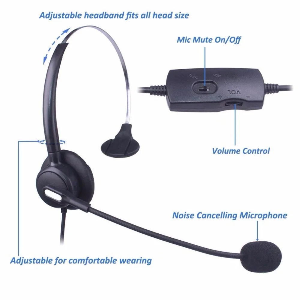 Wantek الأيدي الحرة الهاتف سماعة أحادية مع التحكم في الصوت ، الضوضاء إلغاء Mic دعوة مركز سماعات الهاتف RJ9 RJ11 جاك