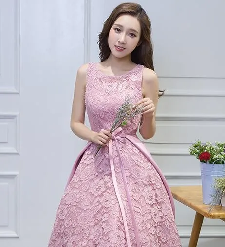 Vestido de Festa, кружевное короткое розовое кружевное платье подружки невесты с открытой спиной, до середины икры, свадебные вечерние платья