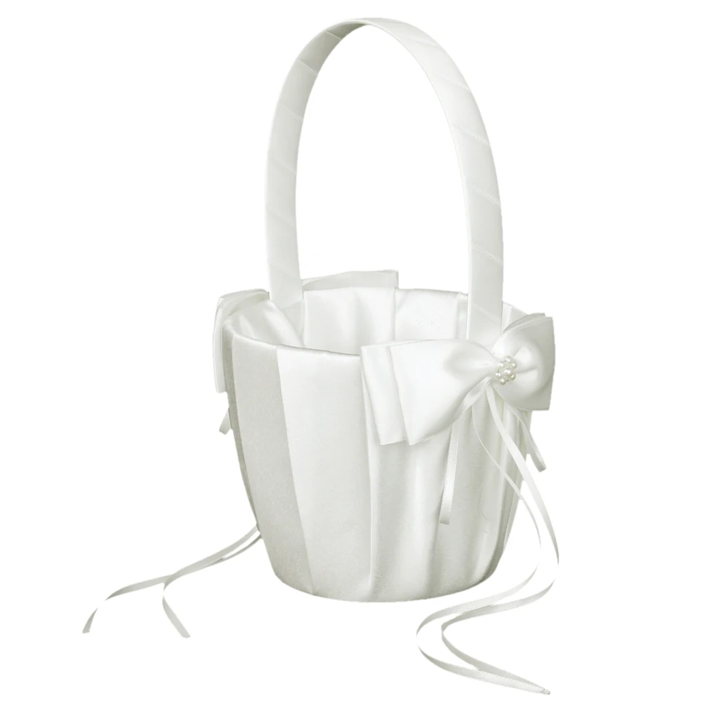 

Ivory Satin Faux Pearl Flower Wedding Flower Girl Basket Bowknot Decor