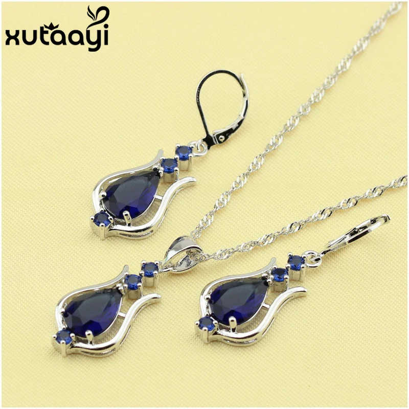 

Fashion Silver Color Necklace Pendant Drop Earrings Jewelry Sets For Women, Christmas Blue Zircon Free Gift Box