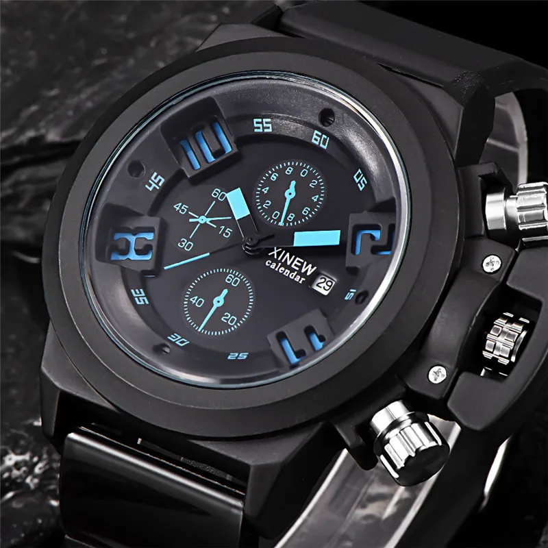 

XINEW Mens Military Quart Watch Alloy Dial Fashion Silicone Sport Date Chronograph Analog Wristwatch relogio Waterproof Watches