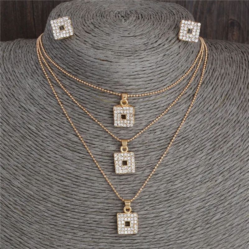 

MINHIN Personality Square Pendant Design Chain Necklace Three Layers Brilliant Necklace Gold Color Jewelry Sets For Wedding