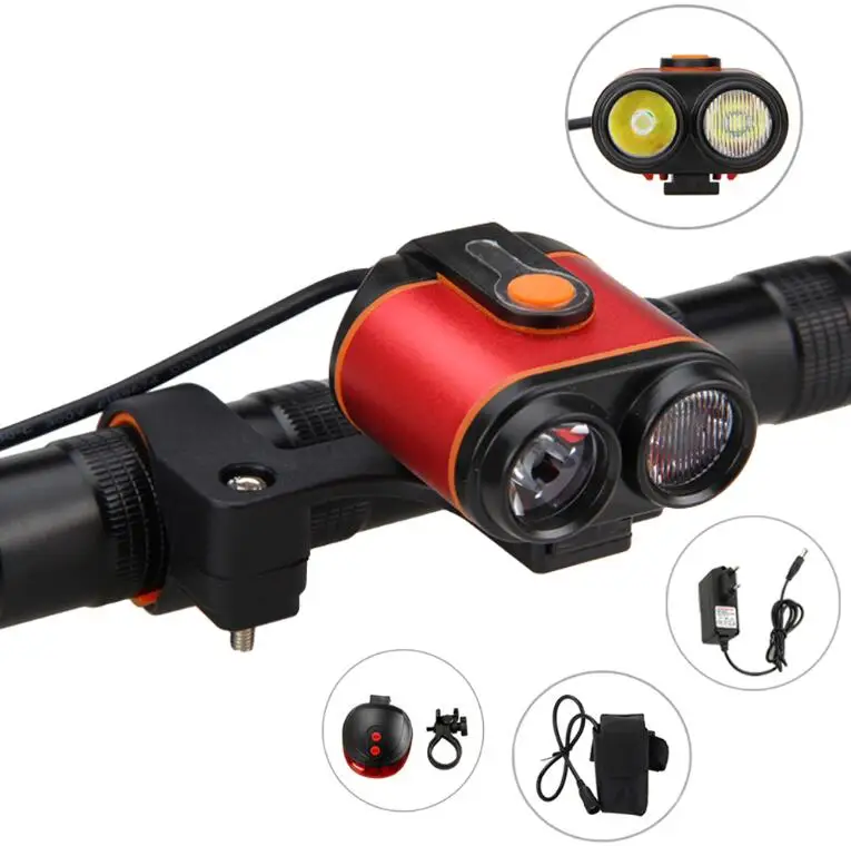 Водонепроницаемый головной светильник 10000лм 2* XM-L2 светодиодный велосипедный фонарь двойной налобный фонарь 16000 мАч батарея 4 режима велосипедный светильник BikeAaccessories - Цвет: Red  With Taillight