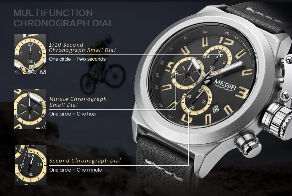Megir Для мужчин хронограф аналоговые кварцевые часы с датой светящиеся стрелки Водонепроницаемый кожаный ремешок Wristswatch для человека часы