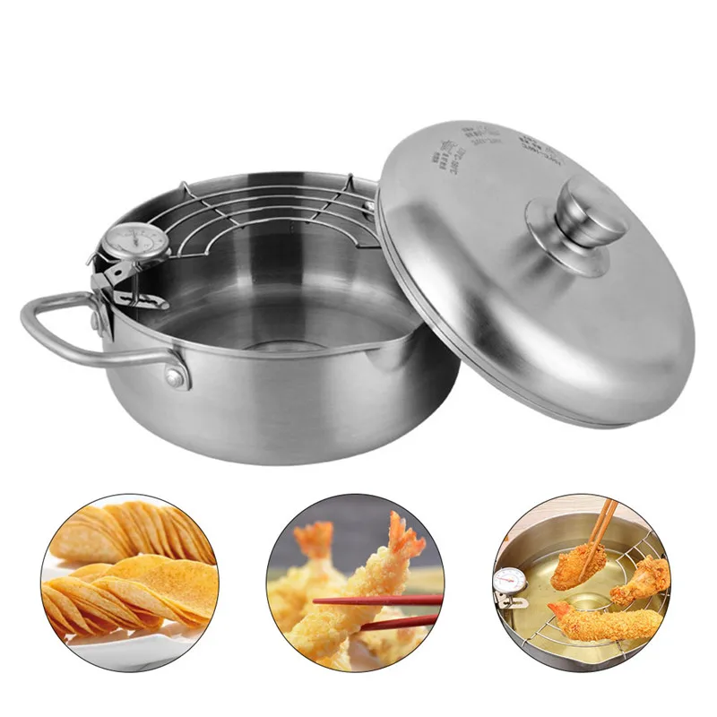 Frying Pan Fryer with Thermometer Non-stick Coating Tempura Fryer Pot Stainless Steel Mini Deep Pan with Oil Draining Shelf (1)