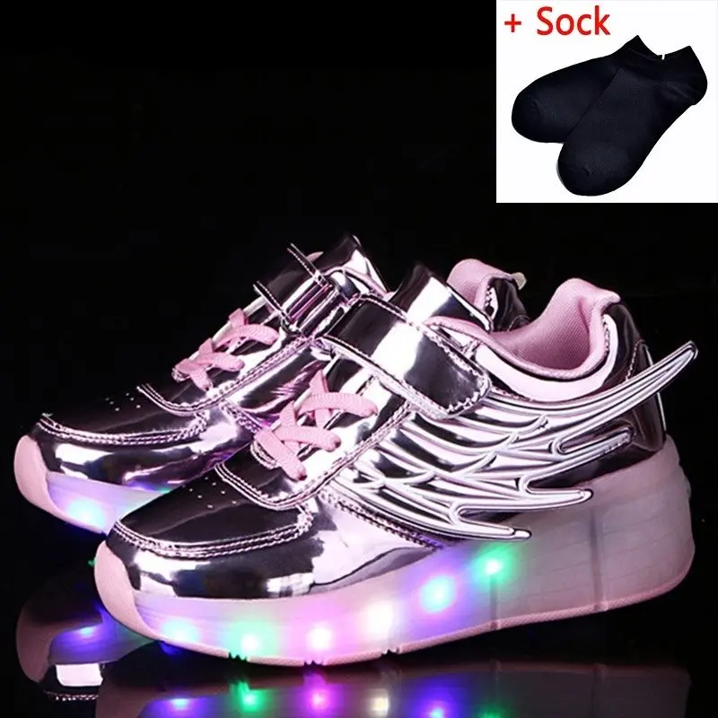 Светящиеся кроссовки, Детские светящиеся кроссовки с колесами, детская обувь, светодиодный светильник, детские роликовые коньки, кроссовки для мальчиков и девочек - Цвет: pink K02