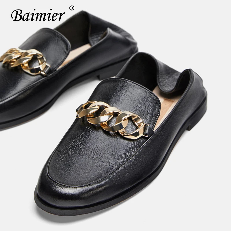 Оксфорды Baimier с золотой цепочкой для женщин черные кожаные женские лоферы