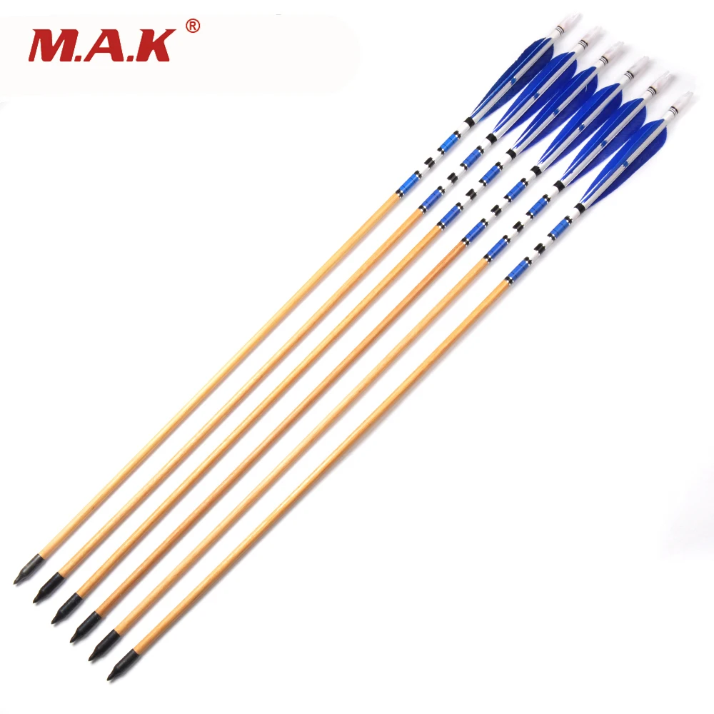 

12pcs Handmade Wooden Hunting Arrow 31 inches with Iron Arrowhead and Peacock Blue Feather for Archery Shooting Hunting