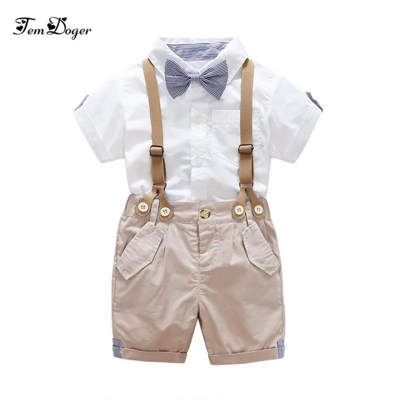 Tem Doger/ г. Летние комплекты одежды для малышей Детская одежда для мальчиков в джентльменском стиле рубашка с короткими рукавами и галстуком для новорожденных штаны на подтяжках, комплект одежды - Цвет: A