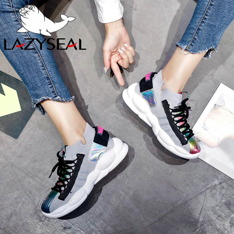LazySeal женские кроссовки, визуально увеличивающие рост; дышащие ботильоны на шнуровке; женская обувь на платформе с украшениями; прогулочная обувь из сетчатого материала