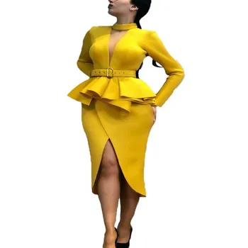 

African Clothes Elegant Long Sleeve Dress Women Ruffles High Waist Stand Collar Belt Asymmetrical Sheath Yellow Dress Bodycon OL