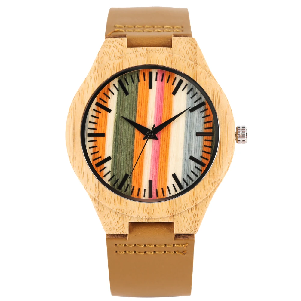 

Casual Quartz Bamboo Watch for Men Practical Brown Leather Bamboo Watches Unique Stripes Colorful Case Wooden Wristwatch