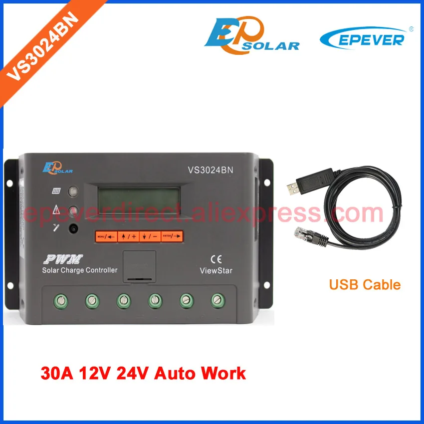 

30A EPEVER PWM regulator with USB cable for communication EPSolar 12V 24V Auto Work Solar battery charging controller VS3024BN