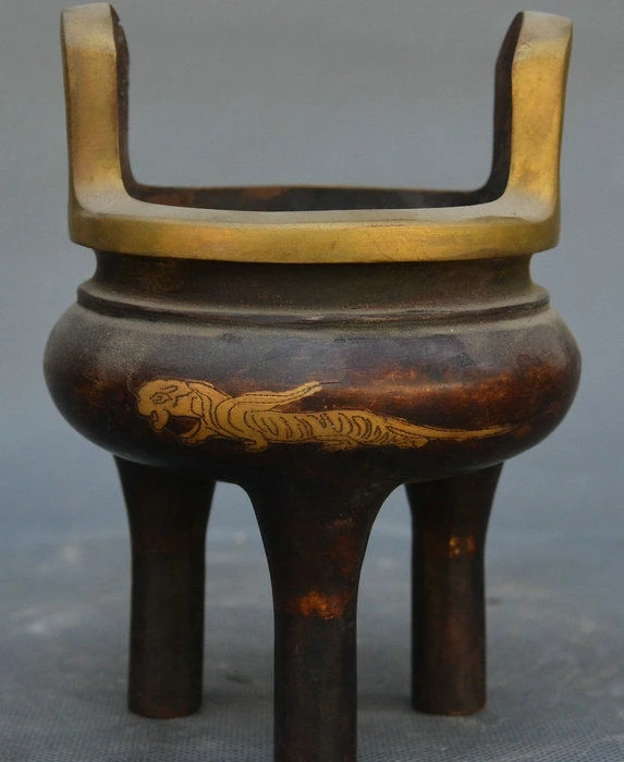 

Old Chinese Dynasty Bronze Gilt 3 Legs Incense Burner Censer Incensory Thurible