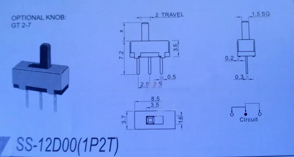 100 шт./лот SS12D00G3 мини вертикальный скользящий переключатель 1P2T 3-контактный рычажный переключатель для поверхностного монтажа PCB DPDT вертикальный переключатель