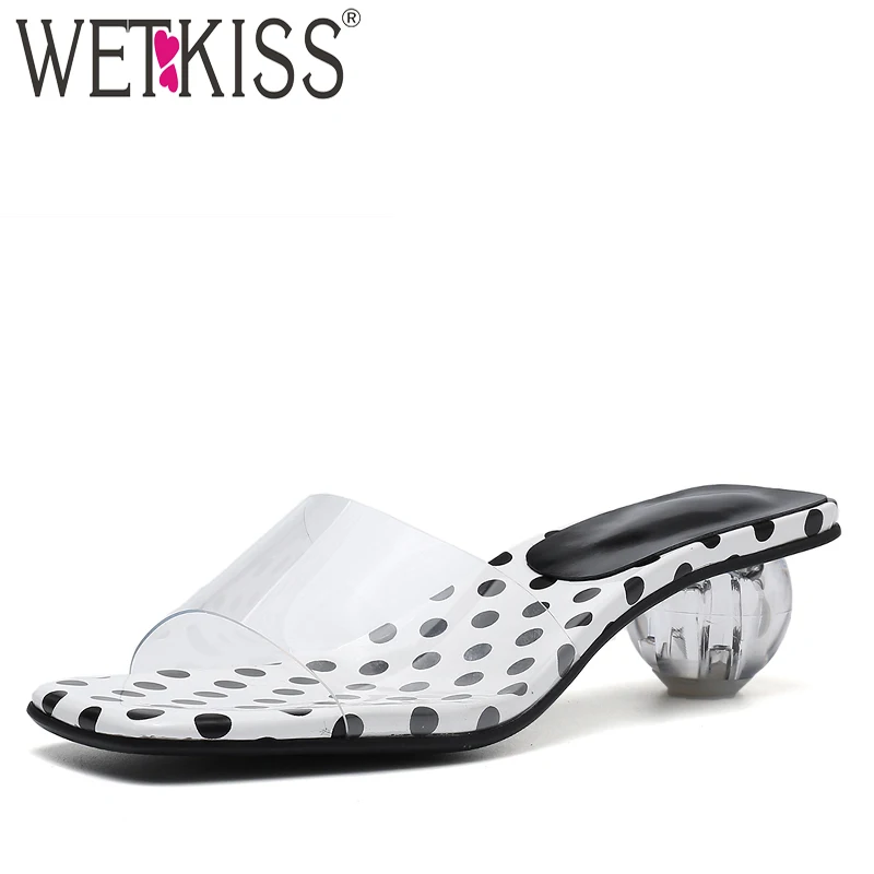 WETKISS/горошек тапочки Для женщин необычный стиль босоножки на каблуках женский