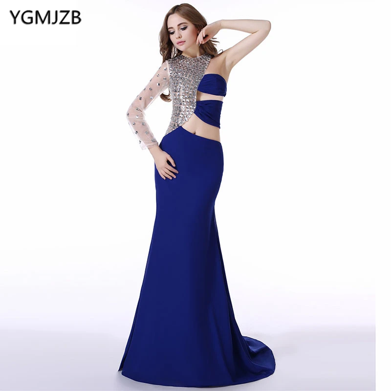 

Long Evening Dresses 2018 Mermaid One Shoulder Long Sleeve Beaded Crystal Chiffon Prom Dress Arabic Women Formal Evening Gowns