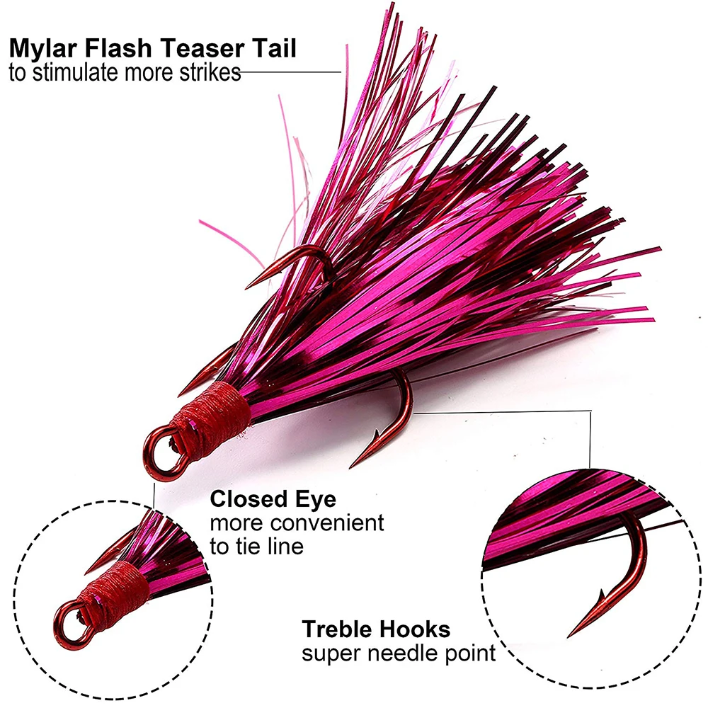 JSM 15pcs/box lure accessories fishing Treble Hook with feather Teaser Tail flash Hook for spoon bait fly fishing lures