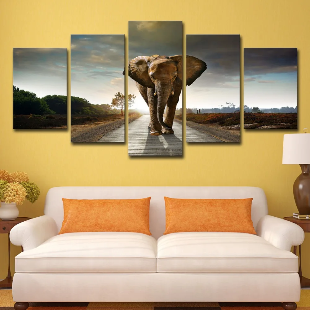 Us 7 32 39 Off Canvas Hd Prints Poster Modular For Living Room 5 Pieces African Elephant Paintings Modern Abstract Pictures Home Wall Art Decor In