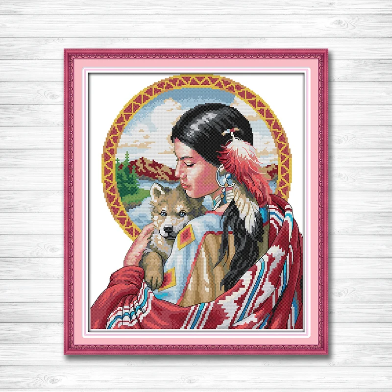 Indian girl woman and dog 11CT counted printed on Canvas DMC 14CT Cross