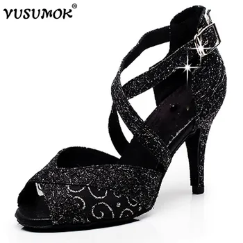 

VUSUMOK Modern velvet net Women Latin Dance Shoes Girls Tango Shoes Salsa Shoes Open Toe Square Lace Heels Plugs size 33-43
