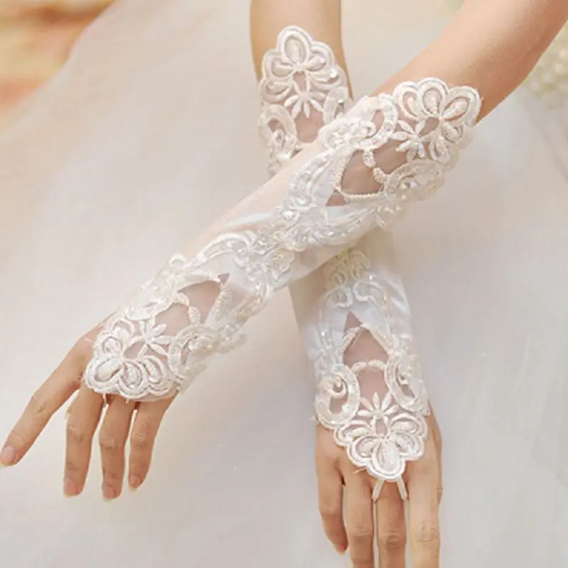

1 Pair Women Bridal Long Gloves Fingerless Embroidery Lace Glitter Sequins Solid Color Elbow Length Mittens Hook Finger We