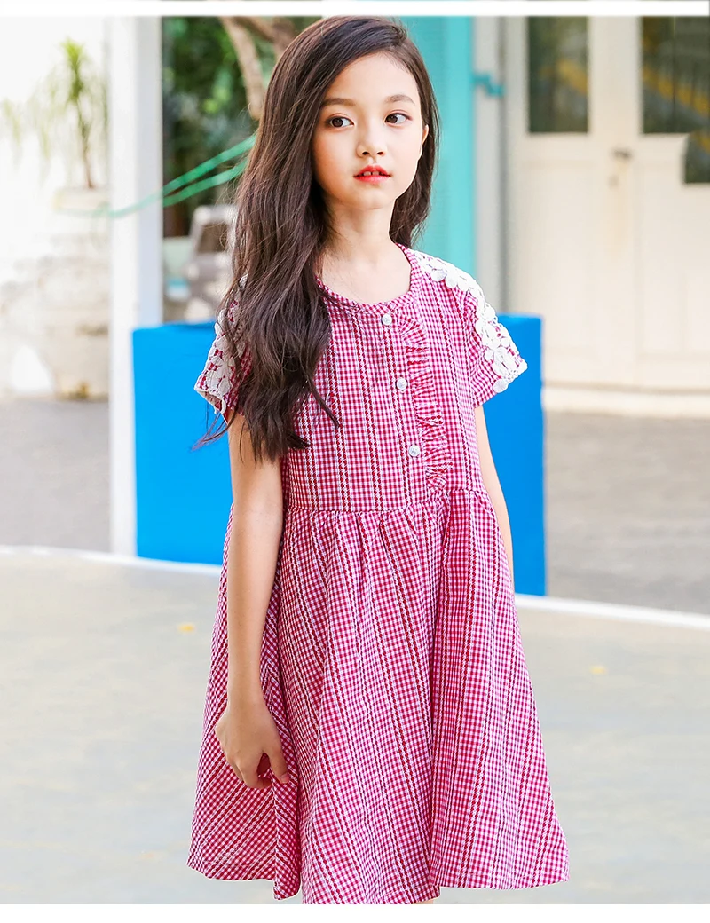 teenage girls dresses with lace crochet floral red blue plaid preppy style little girls dress 2018 summer children dress baby (13)