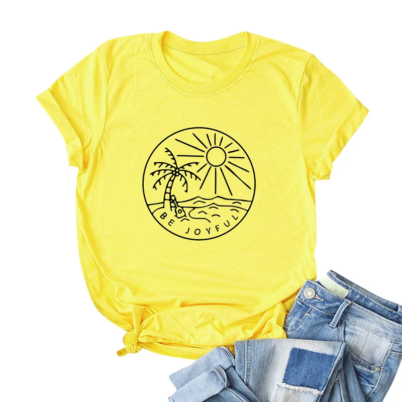 Модная женская футболка с коротким рукавом и круглым вырезом, принт с надписями «BE JOYFUL», женская футболка большого размера из хлопка, крутые повседневные летние топы - Цвет: Цвет: желтый