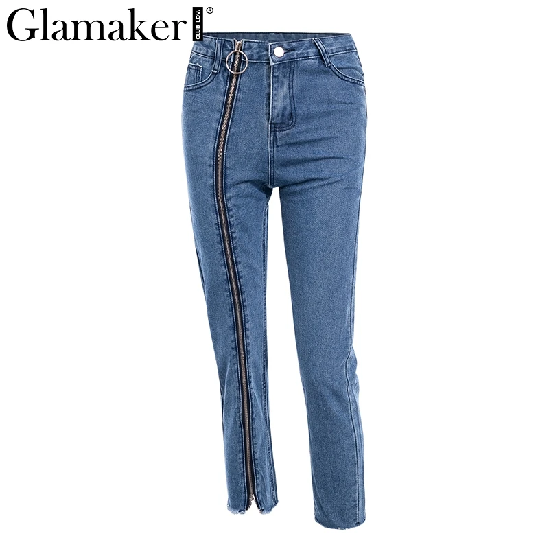 Glamaker Sexy zipper denim jeans Women high waist casual fitness blue jeans Female winter streetwear straight denim pants bottom Glamaker Sexy zipper denim jeans Women high waist casual fitness blue jeans Female winter streetwear straight denim pants bottom
