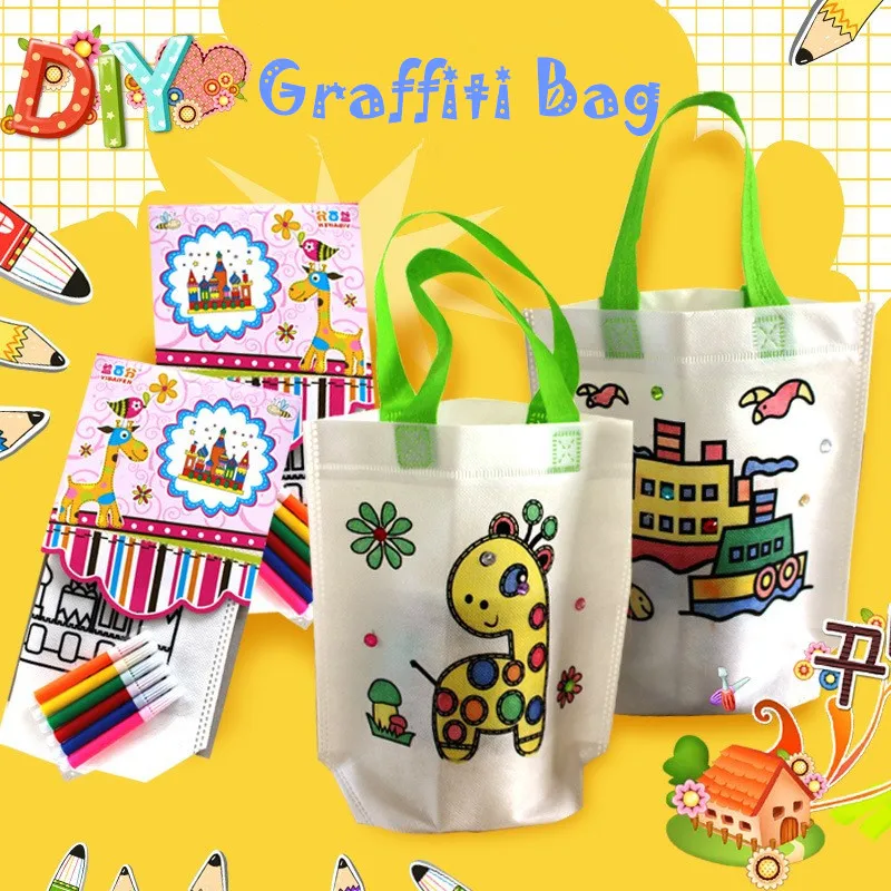 DIY Graffiti Handbag Kids Cloth Painting Bags Picture Coloring Drawing Toy Children Educational Craft Toy Non-woven Packing Bags
