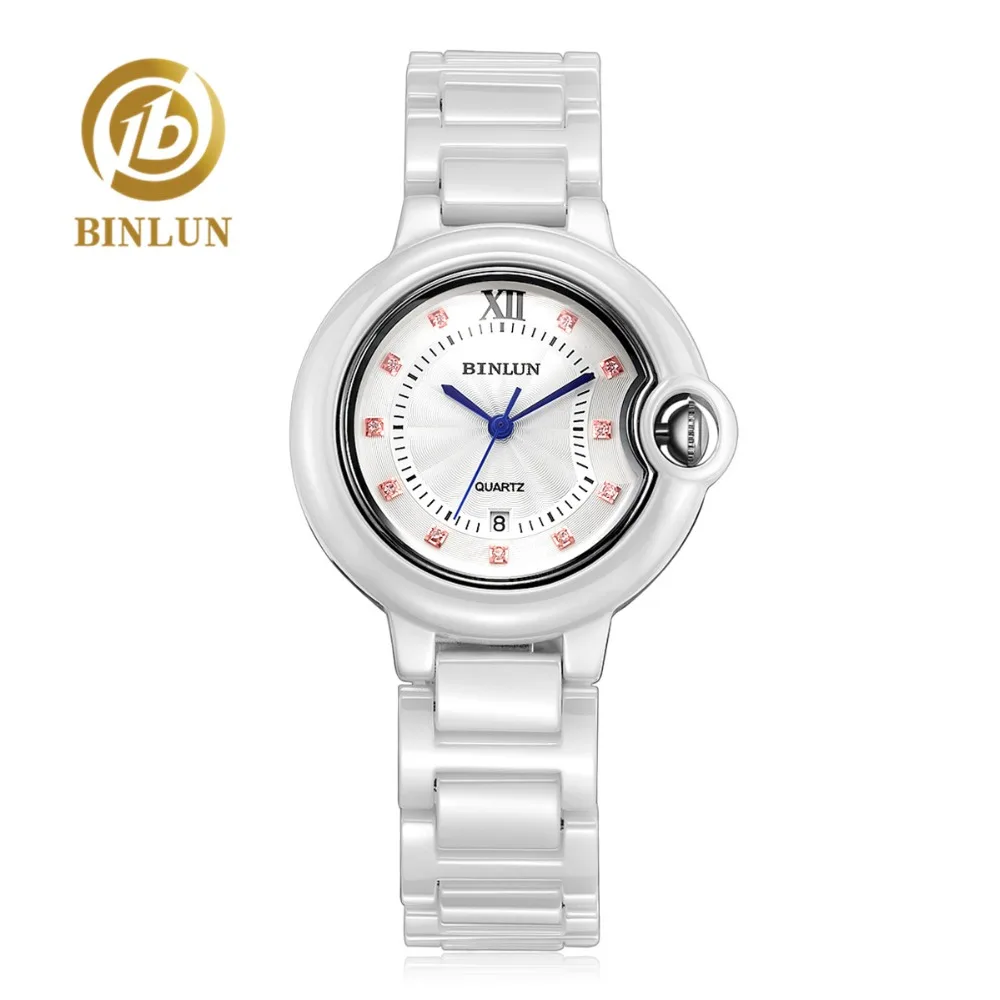 BINLUN классические Ballon Bleu de style роскошные женские часы чистая белая керамика кожа