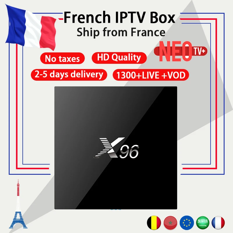 

Best Arabic French IPTV box Benelux NEO+ IPTV code 1200+ LiveTV with X96 Android TV Box 6.0 4K Amlogic Smart TV Box set top box