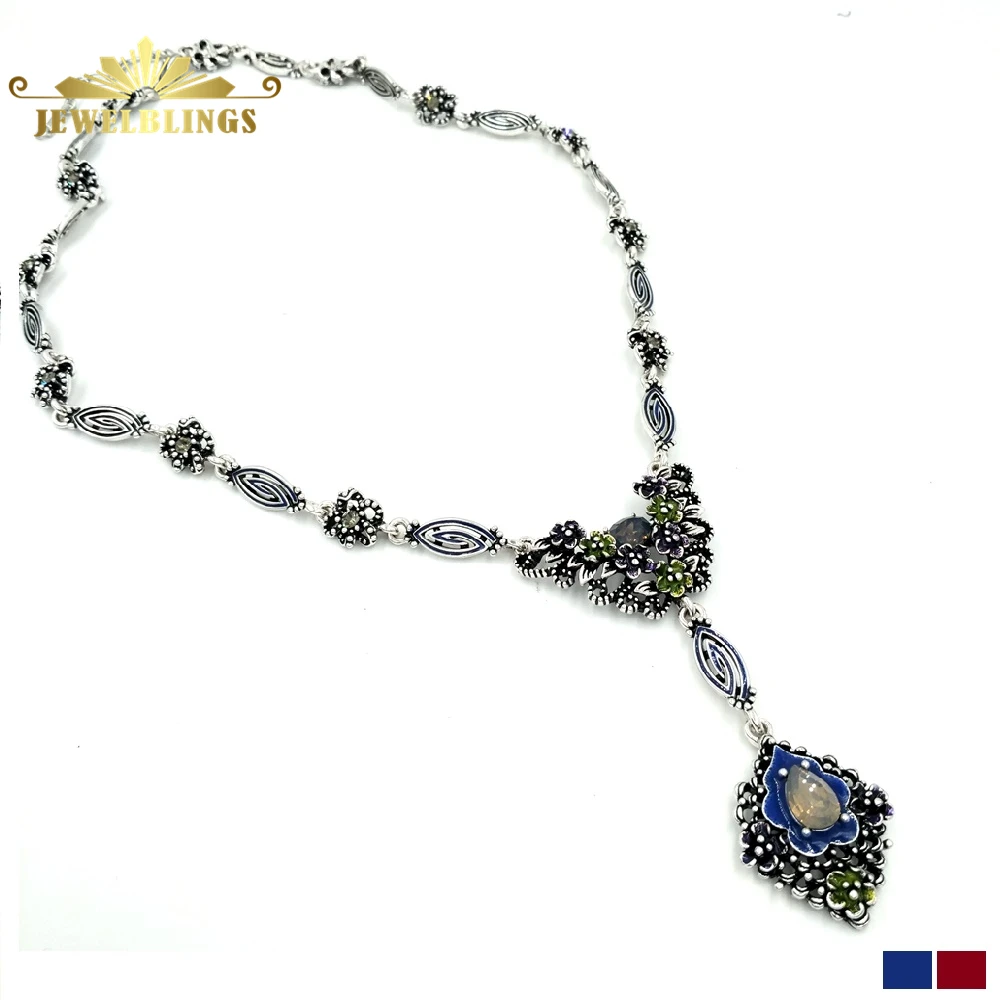 Antigo Arte Deco Flor Azul Gota Colar Tom de Prata Cadeia de Rolagem margarida Flor e Folha Flor Colar Gota para As Mulheres traje