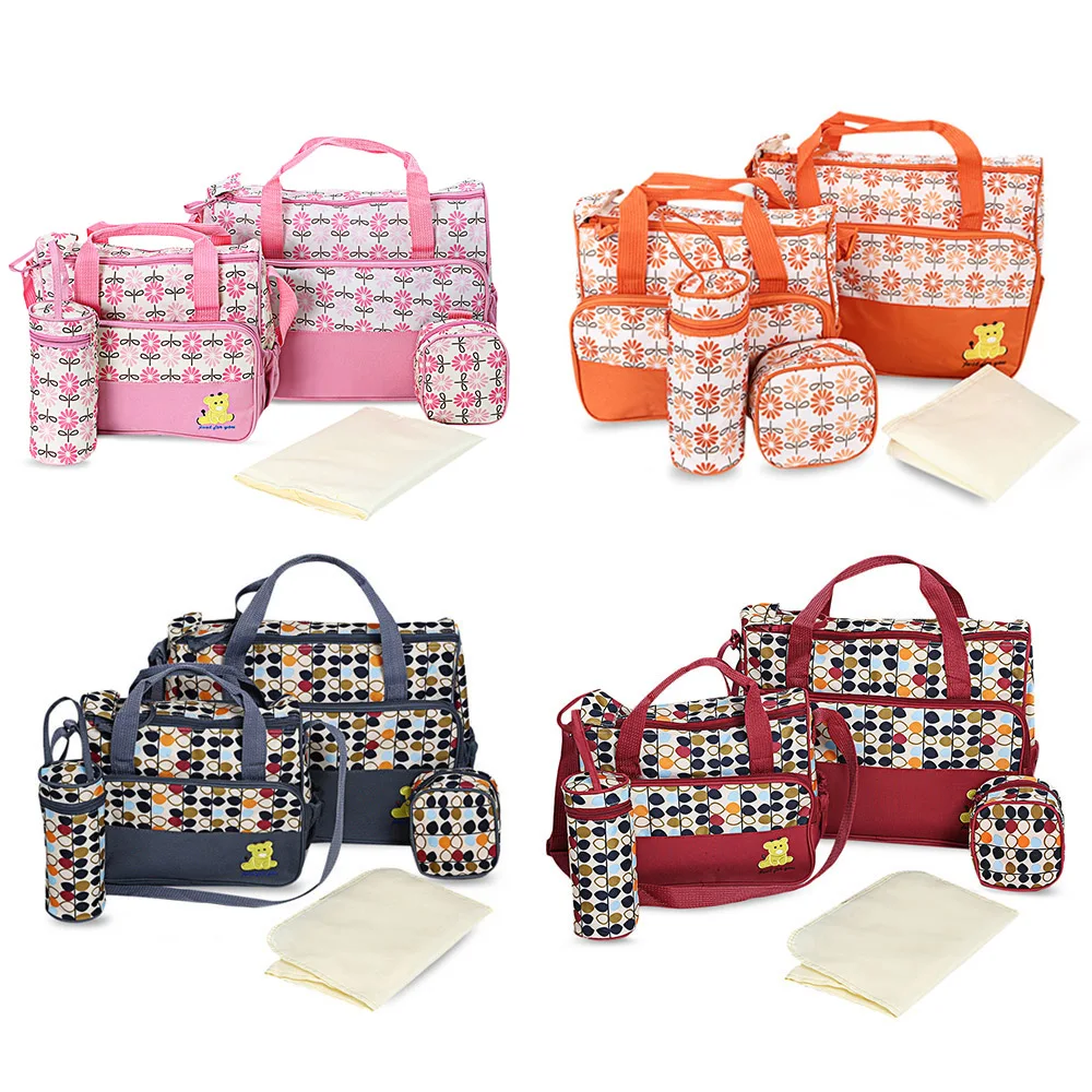 

New 5pcs Diaper Bag Backpack Multifunctional Dot Nappy Changing Mummy Handbag Diaper Pad Feeding Bottle Holder Food Bag For Baby