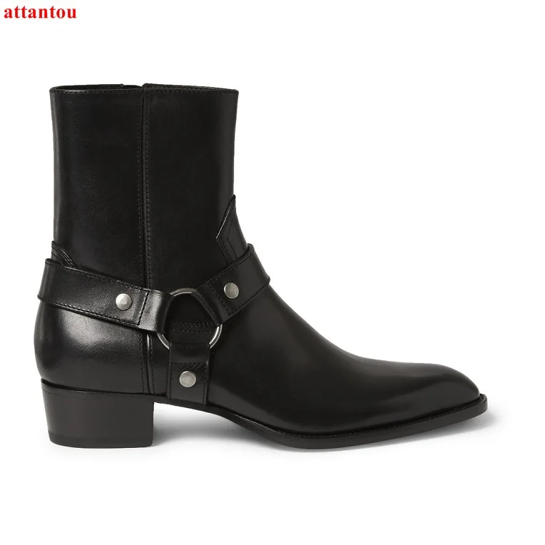 Fashion Men Short Boots Black Leather Silver Ring Buckle Male Ankle ...