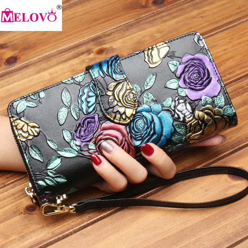 

MELOVO Embossing Floral Long Clutch Purse Genuine Leather Women Wallet Female Card Holder Long Lady Clutch A002