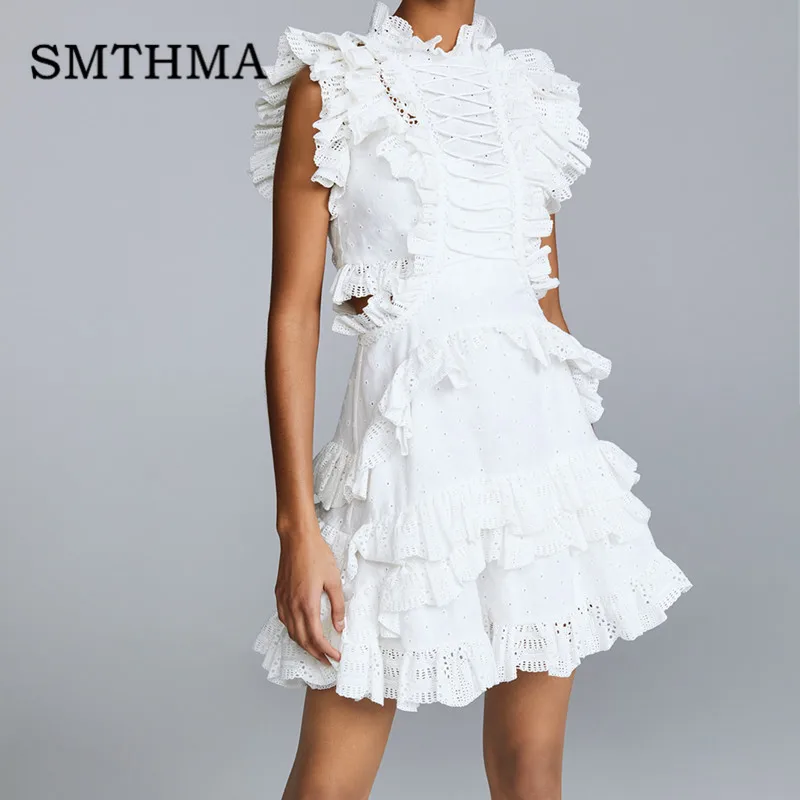 Женское летнее платье, белое кружевное ажурное платье с воротником-стойкой без рукавов с высокой талией - Цвет: Photo Color